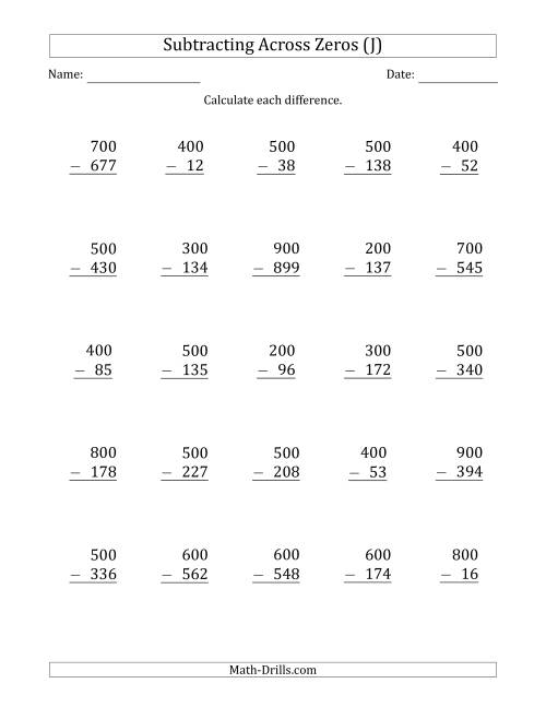 The Subtracting Across Zeros from Multiples of 100 (J) Math Worksheet