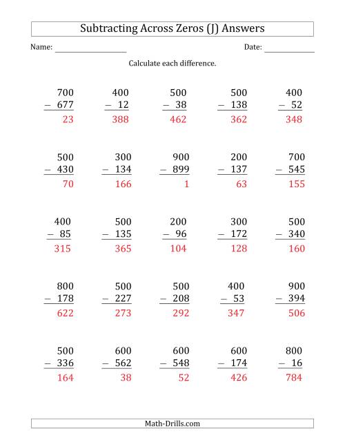 The Subtracting Across Zeros from Multiples of 100 (J) Math Worksheet Page 2