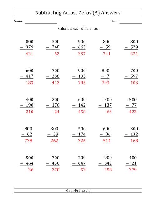 The Subtracting Across Zeros from Multiples of 100 (All) Math Worksheet Page 2