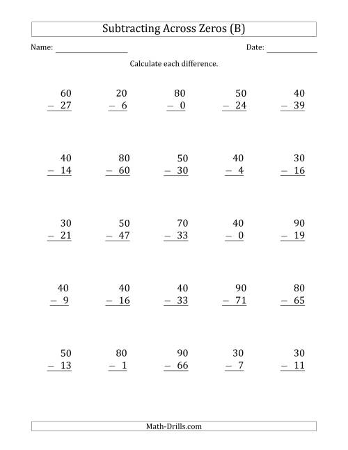 The Subtracting Across Zeros from Multiples of 10 (B) Math Worksheet