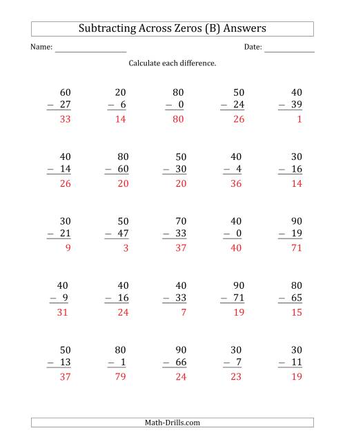 The Subtracting Across Zeros from Multiples of 10 (B) Math Worksheet Page 2