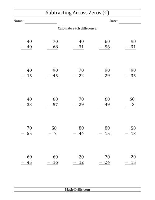 The Subtracting Across Zeros from Multiples of 10 (C) Math Worksheet