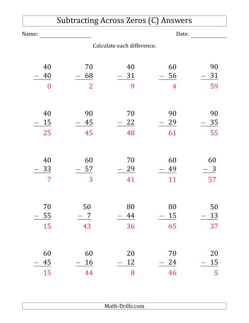 The Subtracting Across Zeros from Multiples of 10 (C) Math Worksheet Page 2