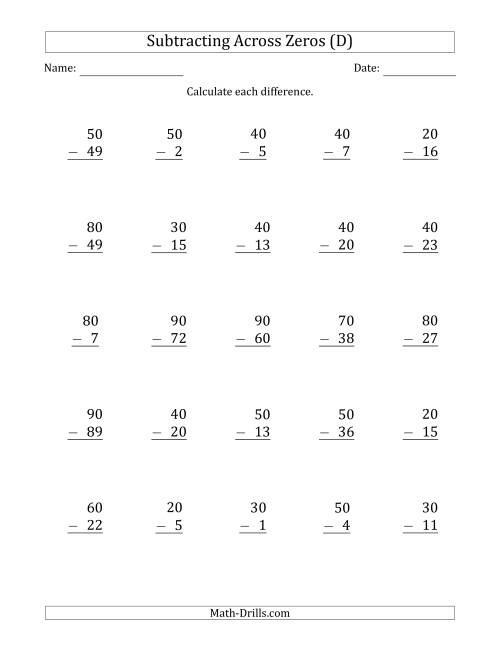 The Subtracting Across Zeros from Multiples of 10 (D) Math Worksheet