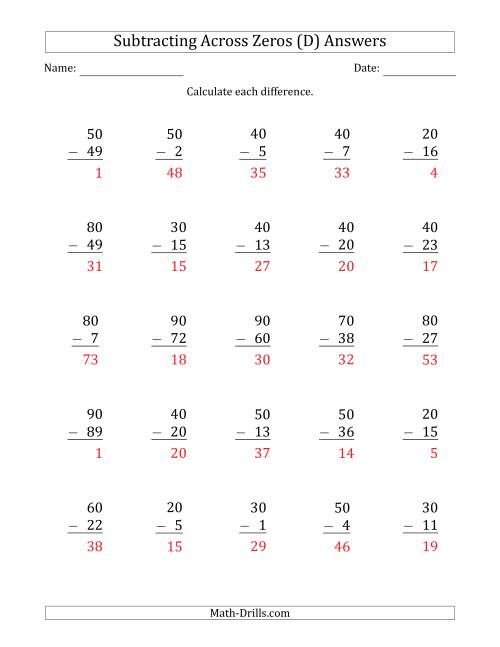 The Subtracting Across Zeros from Multiples of 10 (D) Math Worksheet Page 2