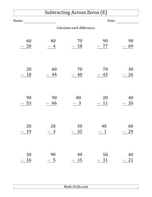 The Subtracting Across Zeros from Multiples of 10 (E) Math Worksheet