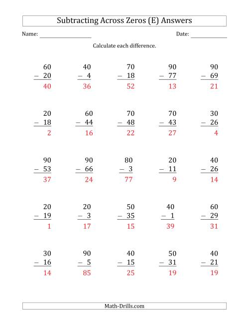 The Subtracting Across Zeros from Multiples of 10 (E) Math Worksheet Page 2