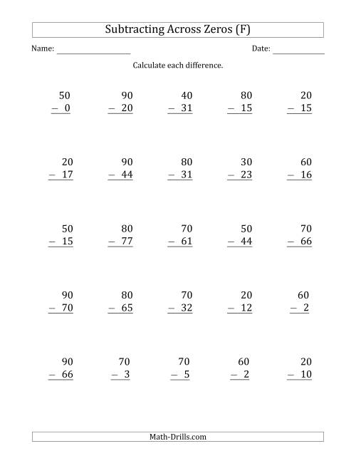 The Subtracting Across Zeros from Multiples of 10 (F) Math Worksheet