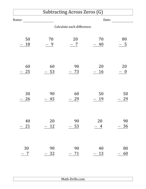 The Subtracting Across Zeros from Multiples of 10 (G) Math Worksheet