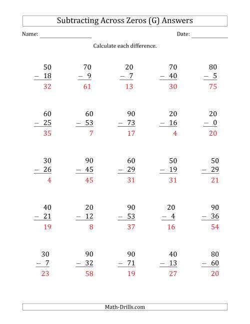 The Subtracting Across Zeros from Multiples of 10 (G) Math Worksheet Page 2