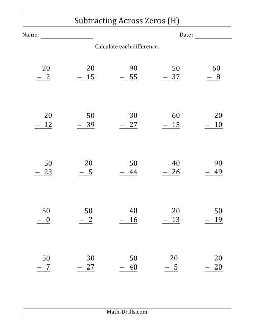 The Subtracting Across Zeros from Multiples of 10 (H) Math Worksheet