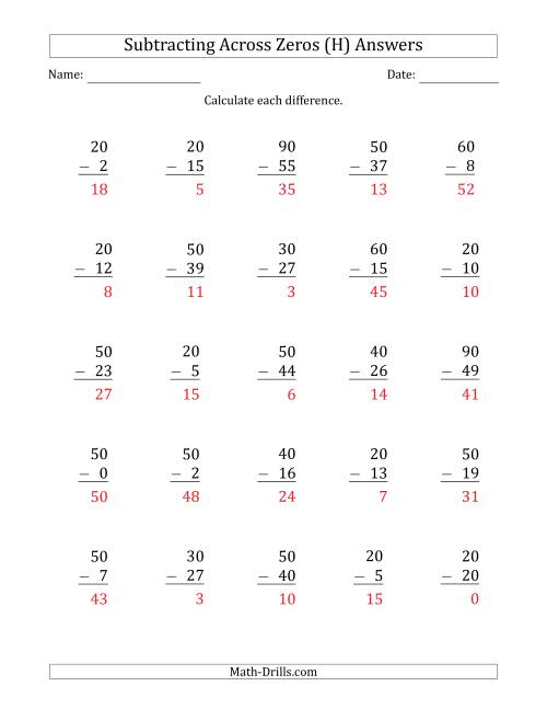 The Subtracting Across Zeros from Multiples of 10 (H) Math Worksheet Page 2