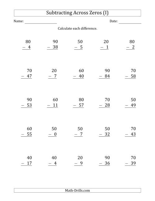 The Subtracting Across Zeros from Multiples of 10 (I) Math Worksheet