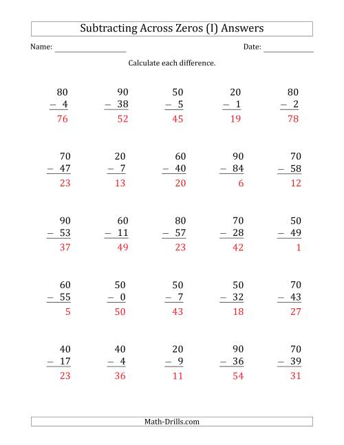 The Subtracting Across Zeros from Multiples of 10 (I) Math Worksheet Page 2
