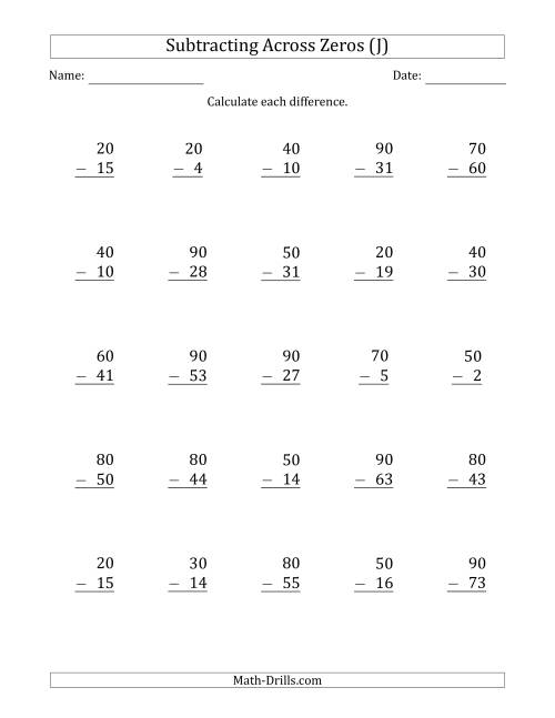 The Subtracting Across Zeros from Multiples of 10 (J) Math Worksheet