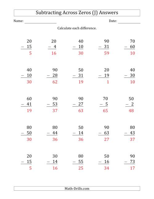 The Subtracting Across Zeros from Multiples of 10 (J) Math Worksheet Page 2