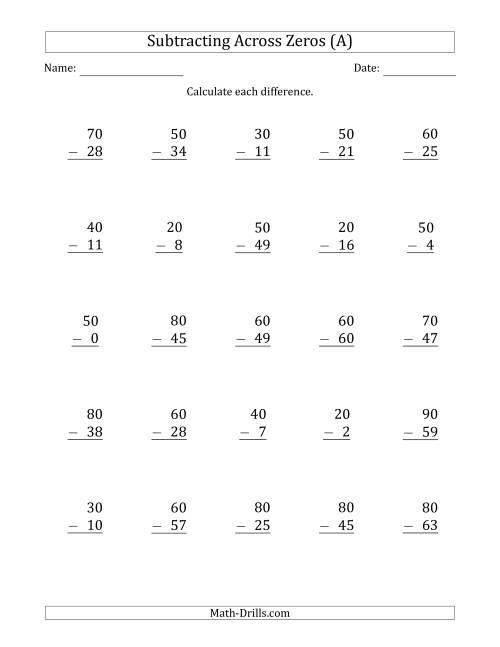 The Subtracting Across Zeros from Multiples of 10 (All) Math Worksheet