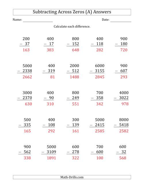 The Subtracting Across Zeros from Multiples of 100 and 1000 (A) Math Worksheet Page 2