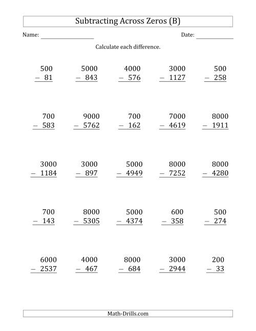 The Subtracting Across Zeros from Multiples of 100 and 1000 (B) Math Worksheet