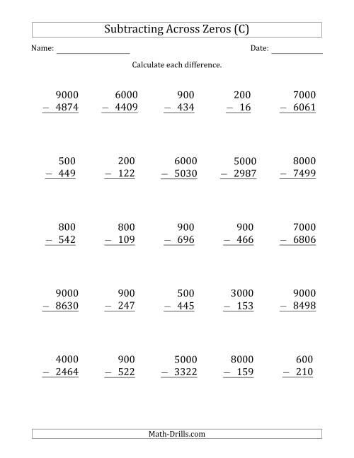 The Subtracting Across Zeros from Multiples of 100 and 1000 (C) Math Worksheet