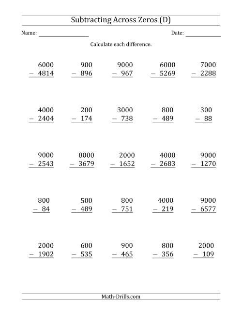 The Subtracting Across Zeros from Multiples of 100 and 1000 (D) Math Worksheet