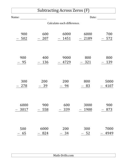 The Subtracting Across Zeros from Multiples of 100 and 1000 (F) Math Worksheet