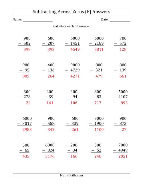 The Subtracting Across Zeros from Multiples of 100 and 1000 (F) Math Worksheet Page 2