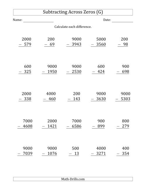 The Subtracting Across Zeros from Multiples of 100 and 1000 (G) Math Worksheet