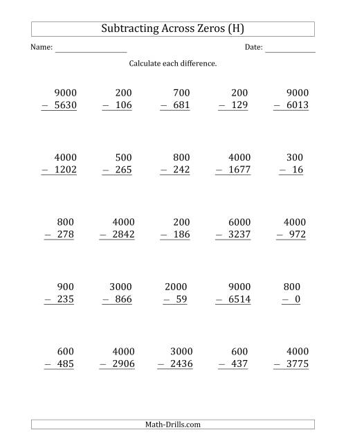 The Subtracting Across Zeros from Multiples of 100 and 1000 (H) Math Worksheet