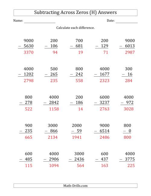 The Subtracting Across Zeros from Multiples of 100 and 1000 (H) Math Worksheet Page 2