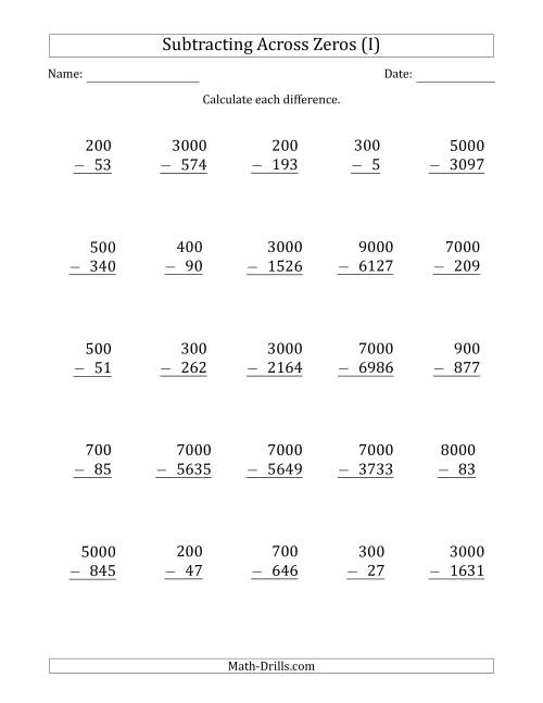 The Subtracting Across Zeros from Multiples of 100 and 1000 (I) Math Worksheet