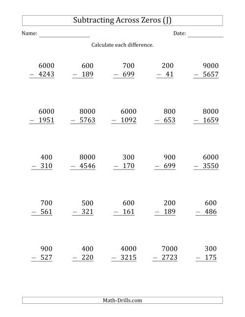 The Subtracting Across Zeros from Multiples of 100 and 1000 (J) Math Worksheet