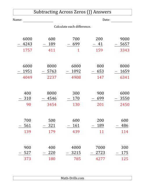 The Subtracting Across Zeros from Multiples of 100 and 1000 (J) Math Worksheet Page 2