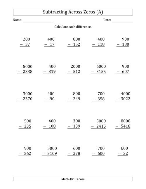 The Subtracting Across Zeros from Multiples of 100 and 1000 (All) Math Worksheet