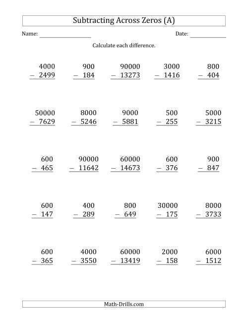 The Subtracting Across Zeros from Multiples of 100, 1000 and 10000 (A) Math Worksheet