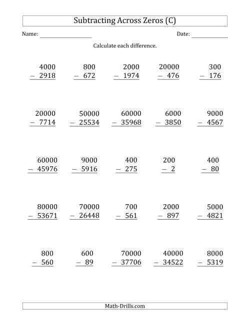 The Subtracting Across Zeros from Multiples of 100, 1000 and 10000 (C) Math Worksheet