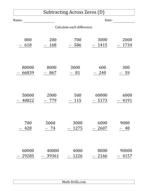 The Subtracting Across Zeros from Multiples of 100, 1000 and 10000 (D) Math Worksheet