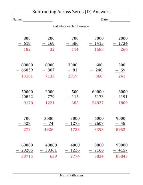 The Subtracting Across Zeros from Multiples of 100, 1000 and 10000 (D) Math Worksheet Page 2