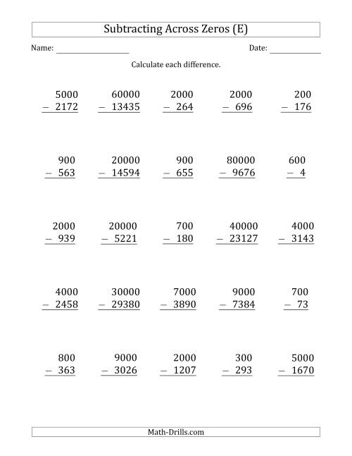 The Subtracting Across Zeros from Multiples of 100, 1000 and 10000 (E) Math Worksheet