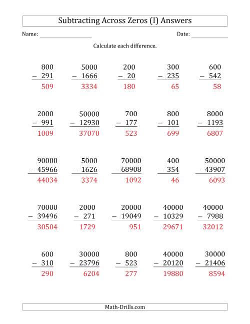 The Subtracting Across Zeros from Multiples of 100, 1000 and 10000 (I) Math Worksheet Page 2