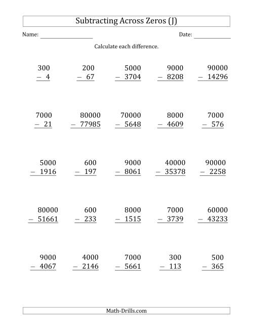 The Subtracting Across Zeros from Multiples of 100, 1000 and 10000 (J) Math Worksheet