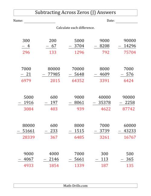 The Subtracting Across Zeros from Multiples of 100, 1000 and 10000 (J) Math Worksheet Page 2