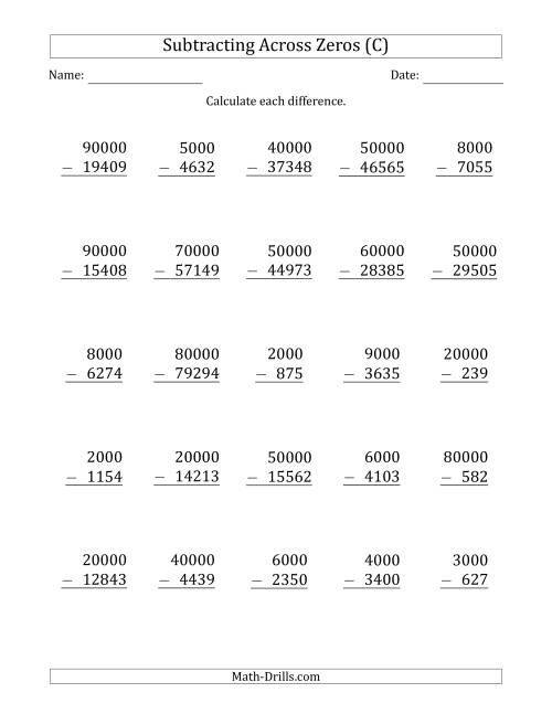 The Subtracting Across Zeros from Multiples of 1000 and 10000 (C) Math Worksheet