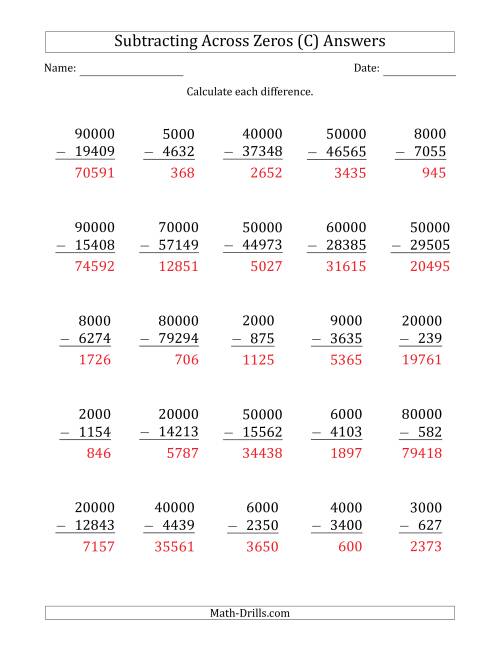 The Subtracting Across Zeros from Multiples of 1000 and 10000 (C) Math Worksheet Page 2