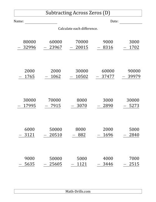 The Subtracting Across Zeros from Multiples of 1000 and 10000 (D) Math Worksheet