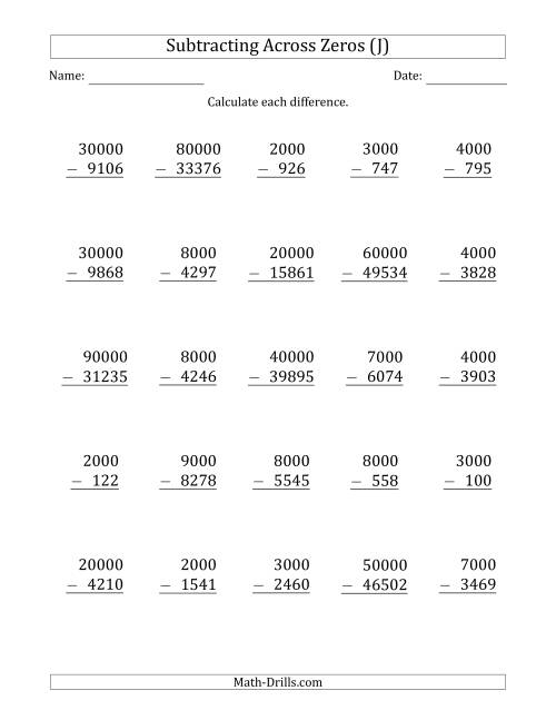 The Subtracting Across Zeros from Multiples of 1000 and 10000 (J) Math Worksheet