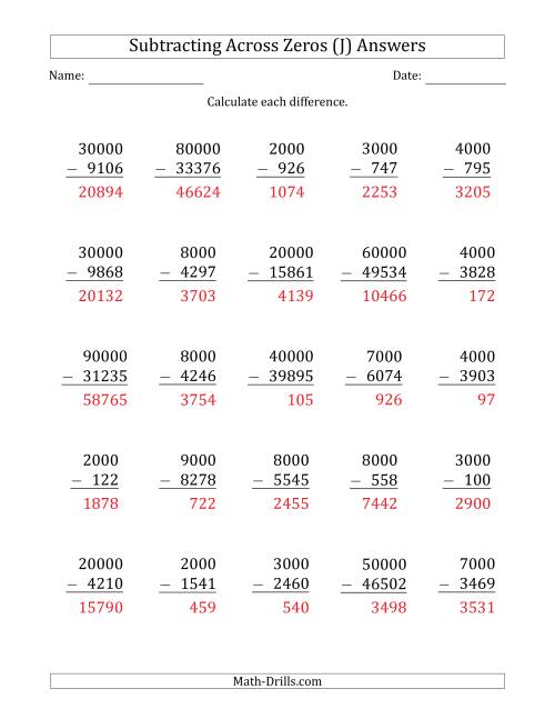 The Subtracting Across Zeros from Multiples of 1000 and 10000 (J) Math Worksheet Page 2
