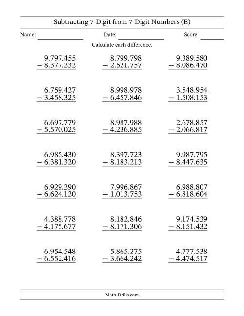 The 7-Digit Minus 7-Digit Subtraction with NO Regrouping with Period-Separated Thousands (E) Math Worksheet