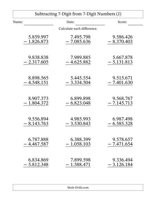 The 7-Digit Minus 7-Digit Subtraction with NO Regrouping with Period-Separated Thousands (J) Math Worksheet