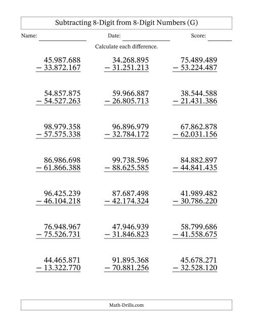 The Subtracting 8-Digit from 8-Digit Numbers With No Regrouping (21 Questions) (Period Separated Thousands) (G) Math Worksheet